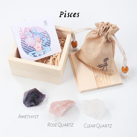 Natural Crystal Twelve Constellations Wooden Box Cloth Bag Gift Handmade