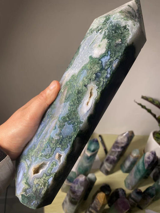 Natural Large Moss Agate Crystal Tower Ornament