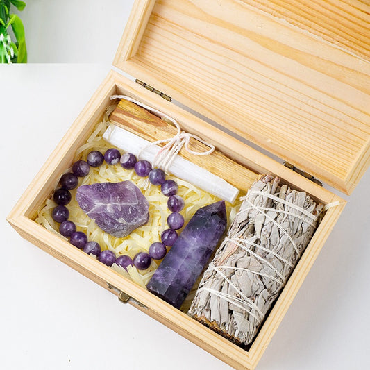 Natural Crystal Amethyst Wooden Box Set Gift Box